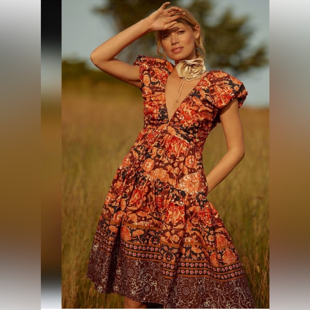 Anthropologie Floral Midi Dress - Red and Brown